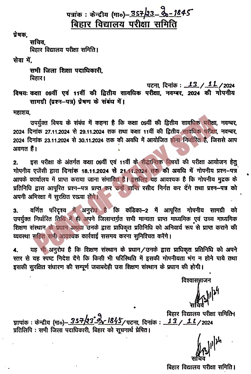 Bihar board 11th 2nd terminal exam 2024 routine