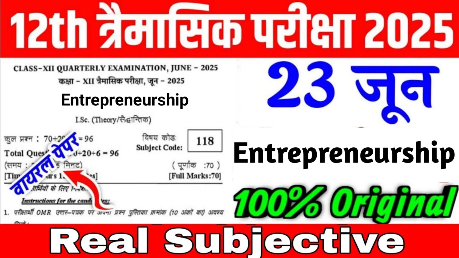 Bihar Board 12th Entrepreneurship Quarterly Exam 2025