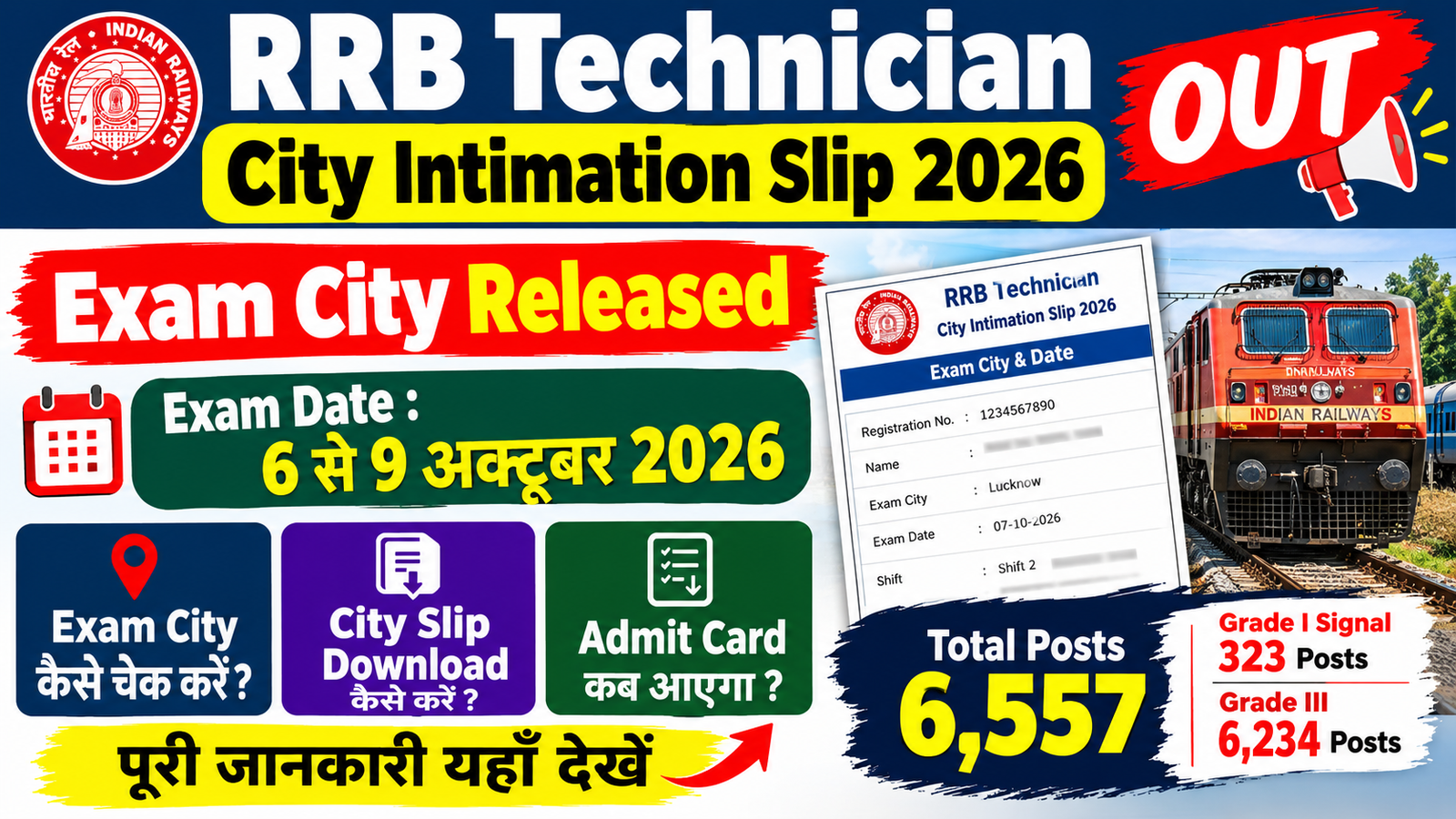 RRB Technician City Intimation Slip 2026 Out